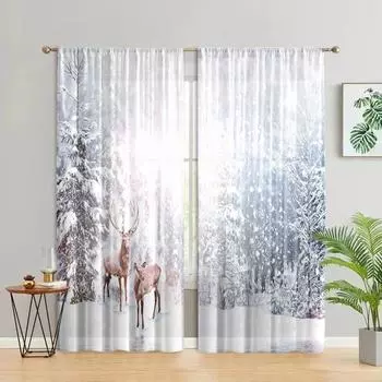 2 pieces, reindeer curtains in winter forest snow -30% blackout - suitable for living room, bedroom, kitchen, home decoration W150CM H166CM&Rod pocket белый