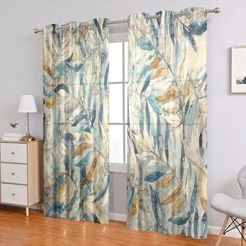 2 pieces, retro art plant leaf pattern semi blackout curtains - perforated processing - living room, bedroom, home decoration W150CM H166CM&Grommet Top