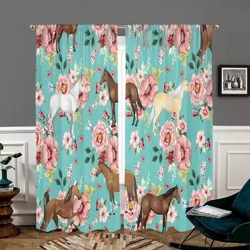 2 pieces, retro elegant floral animal horse curtains -30% blackout - suitable for living room, bedroom, kitchen and home decorat W150CM H166CM&Rod pocket зелёный