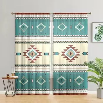 2 pieces, retro geometric ethnic Aztec curtains - semi transparent - suitable for living room, bedroom, kitchen, home decoration W150CM H166CM&Rod pocket
