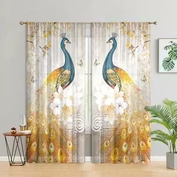 2 pieces, retro golden peacock curtains - semi blackout - suitable for living room, bedroom, kitchen, home decoration W150CM H166CM&Rod pocket жёлтый