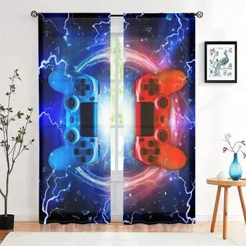 2 pieces, retro street style blue red game controller curtains suitable for living room, youth bedroom, home decoration W150CM H166CM&Rod pocket