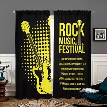 2 pieces, rock music party bass guitar curtains - semi blackout - suitable for living room, bedroom, kitchen, home decoration W150CM H166CM&Rod pocket чёрный
