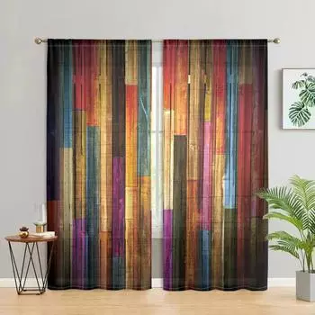 2 pieces, room decoration colored wooden board printed curtains, living room bedroom home decoration curtains W150CM H166CM&Rod pocket