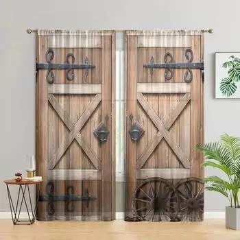 2 pieces, rural barn door wooden cabin curtains - semi transparent - suitable for living room, bedroom, kitchen, home decoration W150CM H166CM&Rod pocket коричневый