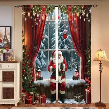 2 pieces, Santa Claus Christmas tree retro curtains -30% blackout - suitable for living room, bedroom, kitchen, home decoration W150CM H166CM&Rod pocket красный