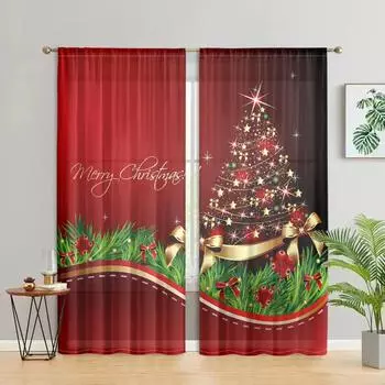 2 pieces, shiny Christmas tree curtains -30% blackout - suitable for living room, bedroom, kitchen, home decoration W150CM H166CM&Rod pocket красный