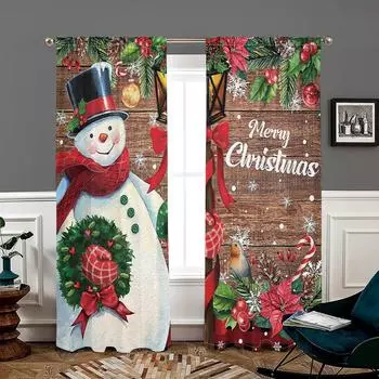 2 pieces, Snowman Christmas wooden background curtains -30% blackout - suitable for living room, bedroom, kitchen, home decorati W150CM H166CM&Rod pocket