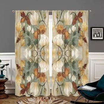 2 pieces, spring and summer forest flower landscape curtains -30% blackout - suitable for living room, bedroom and home decorati W150CM H166CM&Rod pocket
