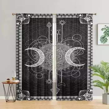2 pieces, sun and moon mandala semi transparent curtains - rod pockets - living room, bedroom and other home decorations W150CM H166CM&Rod pocket