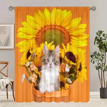 2 pieces - Sunflower - printed curtain - polyester material - for bedroom living room study anti-privacy curtain 30inchx65inchx2Pcs