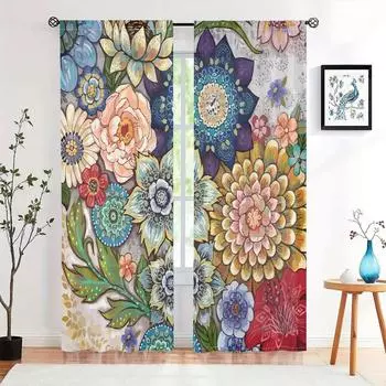 2 pieces, vibrant colorful flowers and Bohemian pattern design, bedroom, living room, kitchen - beautiful home decoration W150CM H166CM&Rod pocket