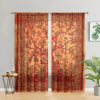2 pieces, vibrant life tree Bohemian curtains - bedroom, living room, room home decoration W150CM H166CM&Rod pocket