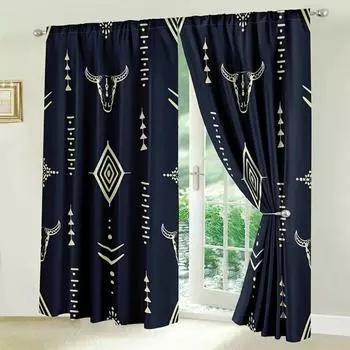 2 Pieces Western Aztec Cow Skulls Design Curtains for Living Room Geometric Patterns Suitable for All Seasons 2x50W130H(CM)40x51in&Hook