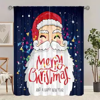 2 pieces - White Beard Santa Claus Christmas Print Curtain - Polyester material - suitable for bedroom, living room, study, 30inchx65inchx2Pcs