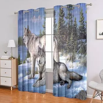 2 pieces, winter snow wolf pattern curtains - semi blackout perforated curtains - living room bedroom home decoration W150CM H166CM&Grommet Top