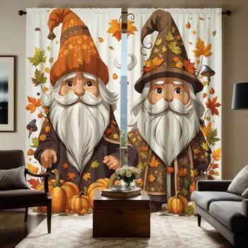 2 pieces with HD Harvest Festival long hat Cartoon pumpkin Maple leaf decorative curtain Yellow tie digital printed curtain Home W52H63inchW132H160cm