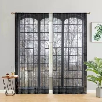 2 pieces, worn-out industrial style, French window landscape glass curtains - living room, bedroom, and other home decorations W150CM H166CM&Rod pocket