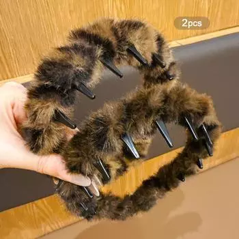 2 плюшевых ободка с леопардовым принтом и длинными зубцами, аксессуары для волос для ежедневного использования Size fits all