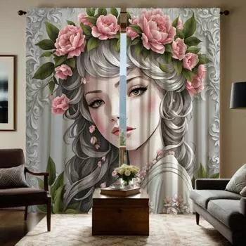 2 предмета HD мультяшной девушки с гирляндой декоративная занавеска Белый галстук цифровая печать занавеска Домашнее украшение стиль Украшение l W52H63inchW132H160cm