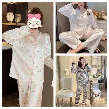 2 предмета Женская пижама весна осень с принтом пижама из искусственного шелка и атласа пижама с длинным рукавом брюки на пуговицах домашняя одежда тонкая новая M розовый