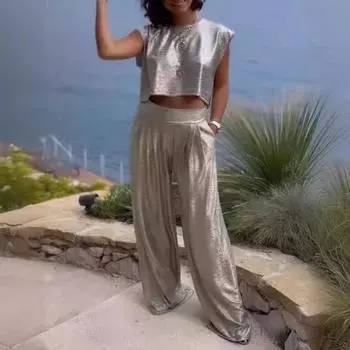 2 предмета/Женский жилет и брюки, комплект в стиле ретро, глянцевый металлический блеск, круглый вырез, без рукавов, топ с высокой талией XL серебряный