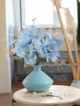 2 пучка искусственных цветов пионов, искусственных цветов с денежными листьями, искусственных цветов пионов для вечеринки, дома, свадебного стола, центральное украшение синий