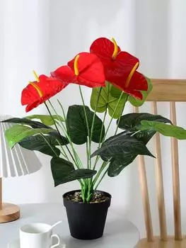 2 пучка красных пальмовых цветов, 10 цветов, искусственные растения, имитация антуриума, зеленые растения, предметы интерьера, украшения для отелей красный