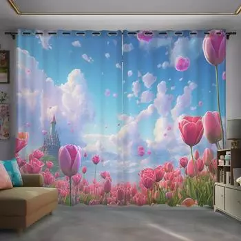 2 Романтический Стиль Желтый Розовый Тюльпан Цветок Цифровой Печать Шторы для Девочек Спальня Оконные Шторы Карманный Карман Люверс Верхний Крючок 2x50W100H(CM)&Grommet Top