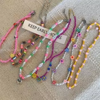 2 розовых хрустальных цветка, ожерелье из бисера, милое девичье сердце, ожерелье с имитацией жемчуга, ожерелье-цепочка на ключицу