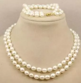 2 ряда 8-9 мм браслеты из натурального белого пресноводного овального жемчуга 18 дюймов