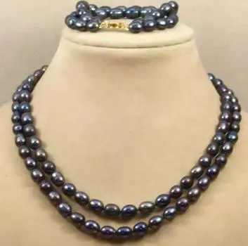 2 ряда браслетов-колье из натурального черного пресноводного овального жемчуга диаметром 8-9 мм 18-19 дюймов/7,5 дюймов