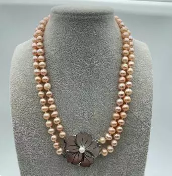2-рядное ожерелье с настоящей розовой жемчужиной и цветочной застежкой