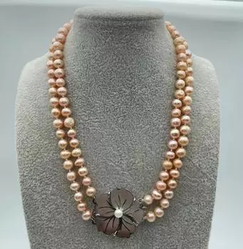 2-рядное ожерелье с настоящей розовой жемчужиной и цветочной застежкой