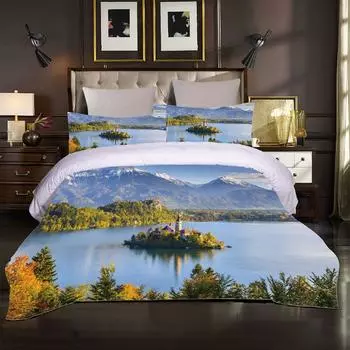 2 Seater Bed Covers 3D Lake Landscape 3 Pieces Printing Twin Bedding Set Quilt Cover Pillowcase Duvet Cover Set King Size W90xL190cm