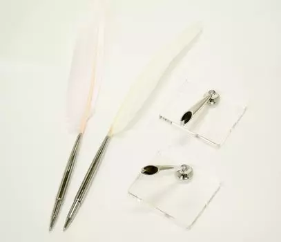 2 Set Pack White Feather and Pink Feather Japanese Processed Brass Disc Pen with Goose Feather Clear Acrylic Pen Stand with Silver Pen Holder +