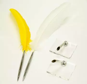 2 Set Pack White Feather and Yellow Feather Japanese Processed Brass Disc Pen with Turkey Feather Clear Acrylic Pen Stand with Silver Pen Holder +