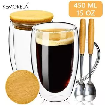 2 шт., 12 унций/15 унций, 350 мл/450 мл, стеклянные кофейные кружки с двойными стенками, бамбуковыми крышками и ложками, стеклянные кофейные чашки с ручкой, изолированная прозрачная кофейная кружка, идеальна 11.83oz