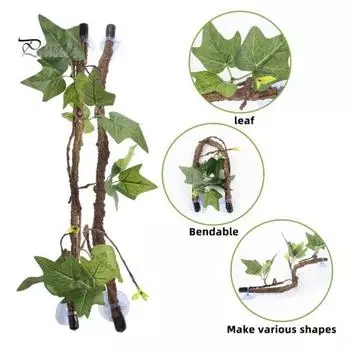 2 шт. 17-дюймовые ветки для рептилий с присосками, лазающие лианы для ящериц с листьями, гибкие поддельные ветки для террариума, аксессуары для аквариума со змеями и гекконами 2pcs