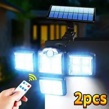 2 шт. 198 светодиодных солнечных фонарей, уличный датчик движения, 4 головки, 3 режима, солнечный настенный светильник IP65, водонепроницаемое ландшафтное охранное освещение 198LED-Integrated*1