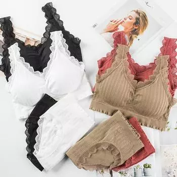2 шт./1 комплект, комплект кружевного бюстгальтера для женщин, спортивный бюстгальтер для йоги и хлопковые трусы, противоударный беспроводной бюстгальтер пуш-ап, удобные хлопковые трусики One Size белый