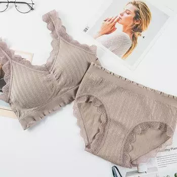 2 шт./1 комплект, женский модный кружевной бюстгальтер без косточек с цветочным краем и хлопковые трусы, укороченный топ, бюстгальтер, противоударный беспроводной бюстгальтер пуш-ап, бюстгальтер с красивой спинкой One Size белый