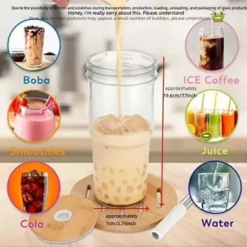 2 шт. 22 унции стеклянный стакан с деревянной крышкой Bubble Tea Холодный напиток Кофе Вино Сок Прозрачная соломинка Автомобильная кружка Посуда Бутылка для воды 22oz