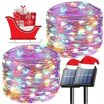 2 шт. 33-футовых солнечных гирлянды с 200 светодиодами, 8 режимов для Хэллоуина и рождественских украшений фиолетовый