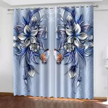 2 шт. 3D цифровая печать ретро синие садовые цветы цифровая печать занавески для гостиной шторы с люверсами верхние шторы для гостиной 2x50W100H(CM)&Grommet Top