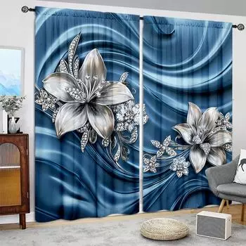 2 шт. 3D Красивые Серебряные Ювелирные Изделия Узор Печатный Шторы Для Домашнего Декора - Карманные Карнизы Для Окна, Спальни, Офиса 52.5cmX116cm X 2pcs