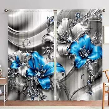 2 шт. 3D великолепные синие ювелирные цветочные принтованные шторы для домашнего декора - карманные шторы для окон в спальню, офис, кухню, 52.5cmX116cm X 2pcs