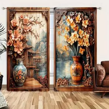 2 шт. 3D винтажная деревянная резная ваза с принтом штор для домашнего декора - карманная штора для спальни, офиса, кухни 52.5cmX116cm X 2pcs