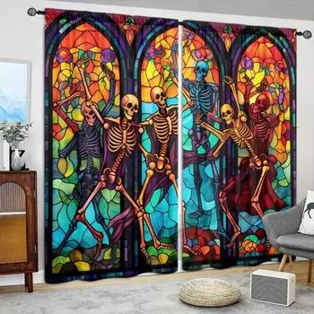 2 шт. 3D витражная занавеска с принтом скелета, пейзажная занавеска с принтом, декор на Хэллоуин, подходит для гостиной, спальни, кухни 50W160H(CM)x2Panel&Hook