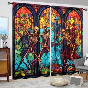 2 шт. 3D витражные шторы с изображением скелета человека - добавьте нотку Хэллоуина в декор вашего дома 52.5cmX116cmX2pcs